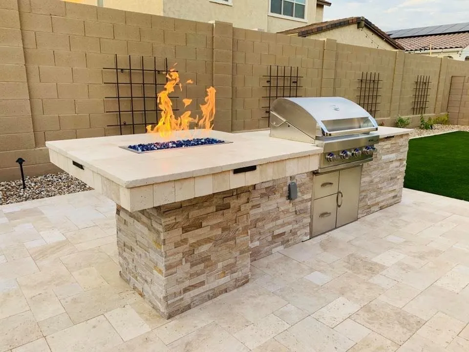 Outdoor Kitchen Island Designs Things In The Kitchen   BBQ Island Travertine Pavers Chandler AZ The Yard Stylist 